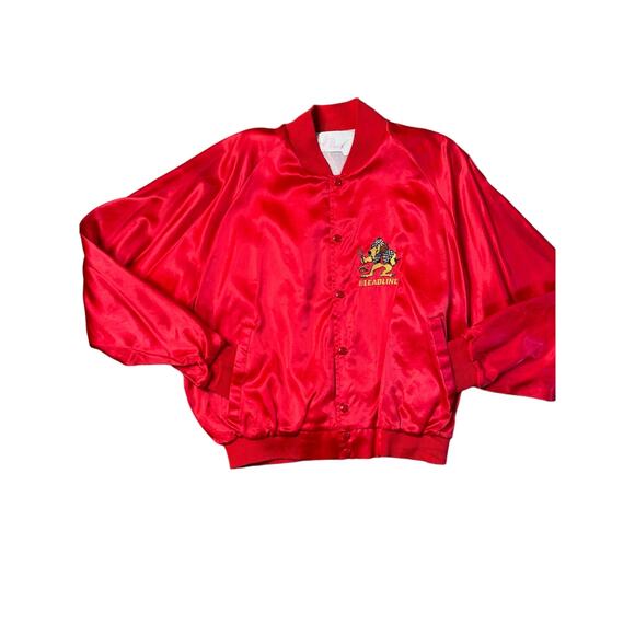 Vintage DM Apparel Leadline Red Satin Bomber Jacket Embroidered Lion Logo XL - Picture 1 of 5